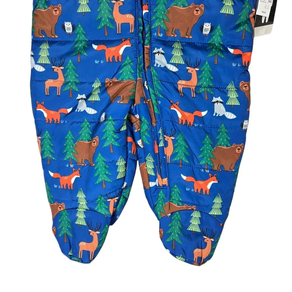 The Childrens Place Puffer Snowsuit Baby 6-9M Blue Woodland Animals NWT
